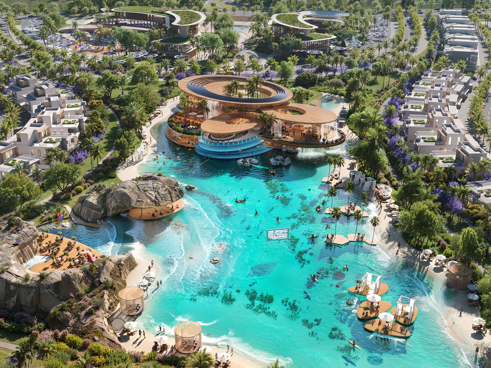 Aerial view of DAMAC Islands community lagoon and sandy beaches in Dubailand Dubai